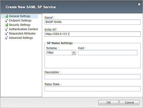 Screenshot of F5 Big-IP, Add SAML SP Service